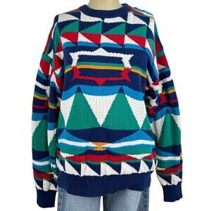 Vintage Countess Mara Men's Crewneck Multicolored Geometric Patterned Sweater L